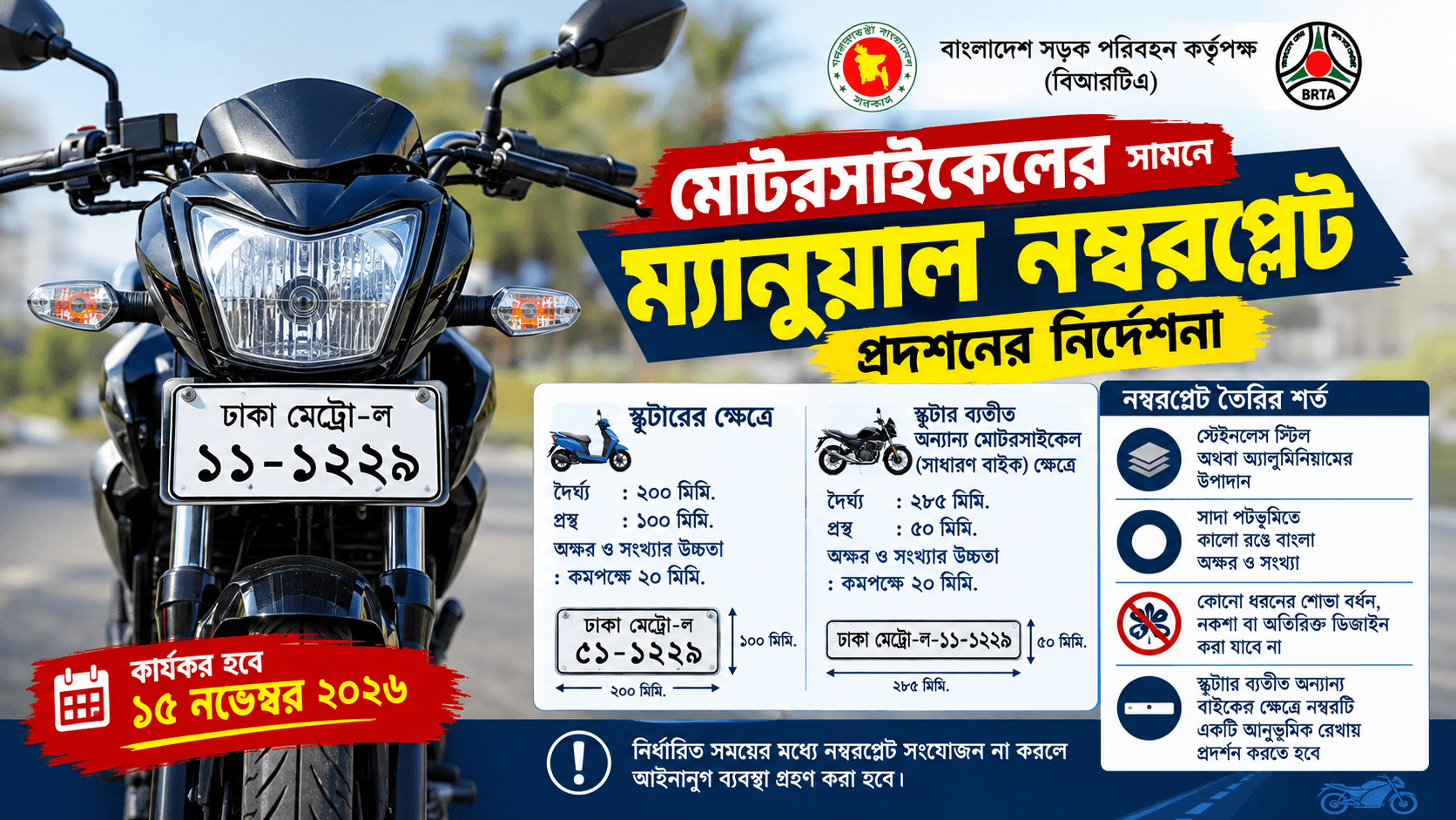 মোটরসাইকেলের সামনে নম্বরপ্লেট: বিআরটিএর নতুন নির্দেশনা ২০২৬